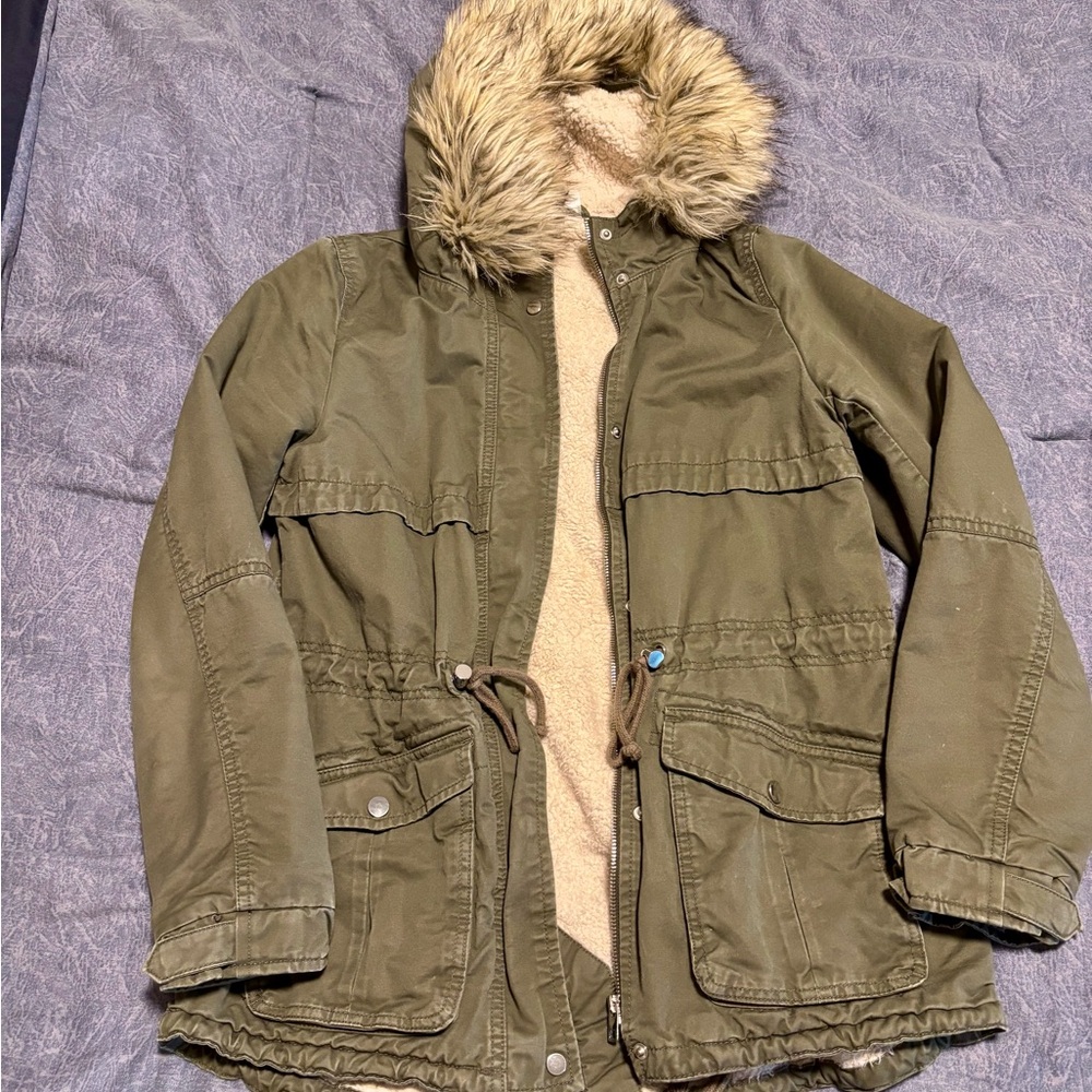 H&M Green Women’s Coat with Faux Fur Hood